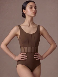 SHEIN 青少年女孩無袖黑色體操連身衣，適合學校、芭蕾舞、返校穿著 - 咖啡棕 - 查看 3