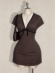SHEIN ICON 大尺碼夏季休閒條紋修身洋裝 - 棕色 - 查看 3