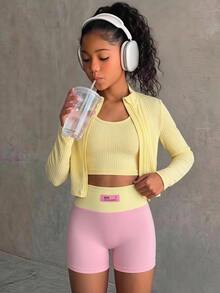 SHEIN طقم رياضي وملابس نشاط للأطفال والفتيات المراهقات 3 قطع: جاكيت بأكمام طويلة وياقة وهمية بتصميم كتل ألوان أصفر ووردي، كاميسول، وشورت - متعدد الألوان - مشاهدة 12