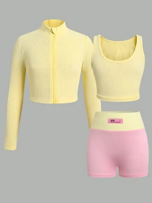 SHEIN طقم رياضي وملابس نشاط للأطفال والفتيات المراهقات 3 قطع: جاكيت بأكمام طويلة وياقة وهمية بتصميم كتل ألوان أصفر ووردي، كاميسول، وشورت - متعدد الألوان - مشاهدة 3