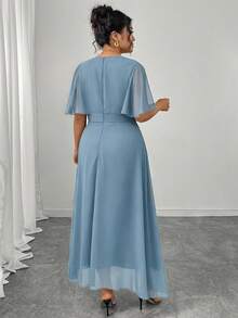 Modelyn Vestido maxi de gasa con cuello redondo, mangas acampanadas con volantes y ajuste ceñido para mujer de talla grande, primavera/verano - Neblina azul - Ver 2