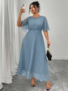 Modelyn Vestido maxi de gasa con cuello redondo, mangas acampanadas con volantes y ajuste ceñido para mujer de talla grande, primavera/verano - Neblina azul - Ver 1