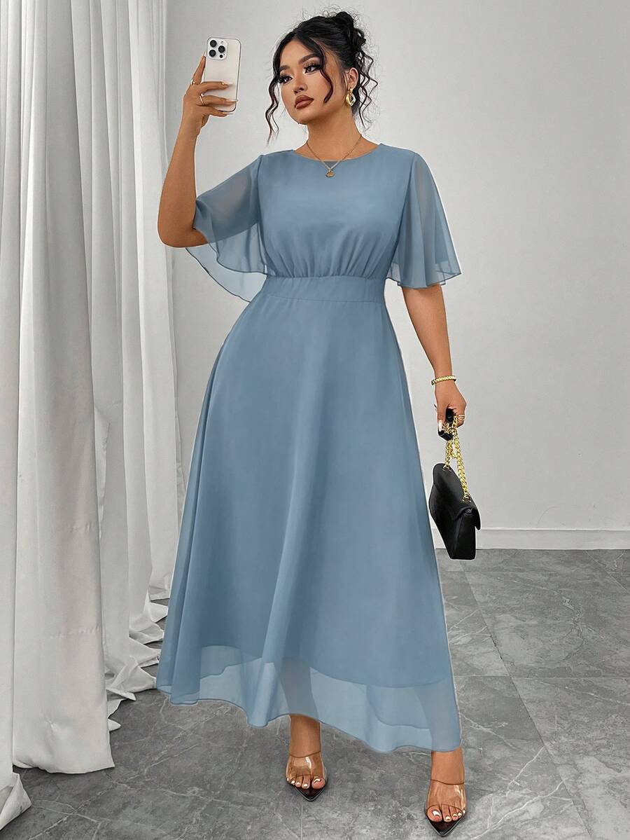 Modelyn Vestido maxi de gasa con cuello redondo, mangas acampanadas con volantes y ajuste ceñido para mujer de talla grande, primavera/verano - Neblina azul - Ver 1