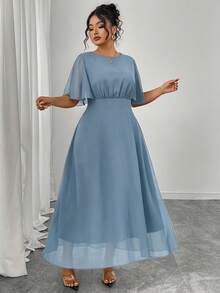Modelyn Vestido maxi de gasa con cuello redondo, mangas acampanadas con volantes y ajuste ceñido para mujer de talla grande, primavera/verano - Neblina azul - Ver 4