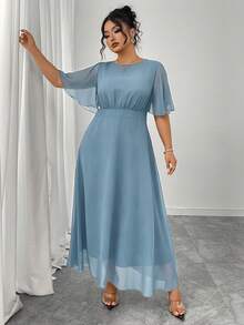 Modelyn Vestido maxi de gasa con cuello redondo, mangas acampanadas con volantes y ajuste ceñido para mujer de talla grande, primavera/verano - Neblina azul - Ver 5