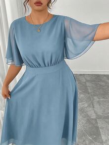 Modelyn Vestido maxi de gasa con cuello redondo, mangas acampanadas con volantes y ajuste ceñido para mujer de talla grande, primavera/verano - Neblina azul - Ver 3