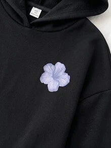 SHEIN 少女花卉印花長袖休閒秋季運動衫 - 黑色 - 查看 4