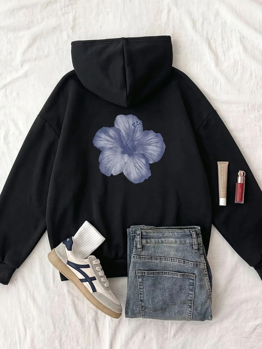 SHEIN 少女花卉印花長袖休閒秋季運動衫 - 黑色 - 查看 1