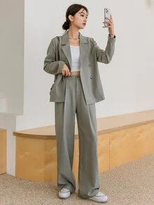 DAZY Solid Color Casual Business Suit Jacket & Pants Set For Women,Fall Clothes Western Outfits For Women - Khaki - View 5