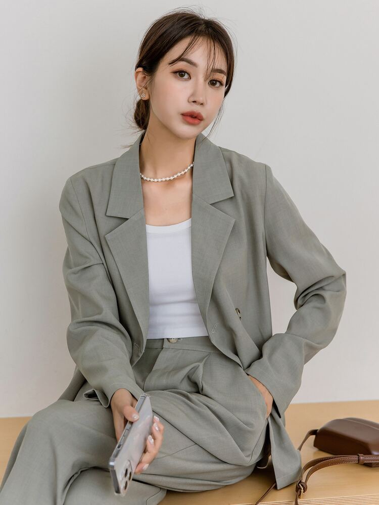 DAZY Solid Color Casual Business Suit Jacket & Pants Set For Women,Fall Clothes Western Outfits For Women - Khaki - View 4