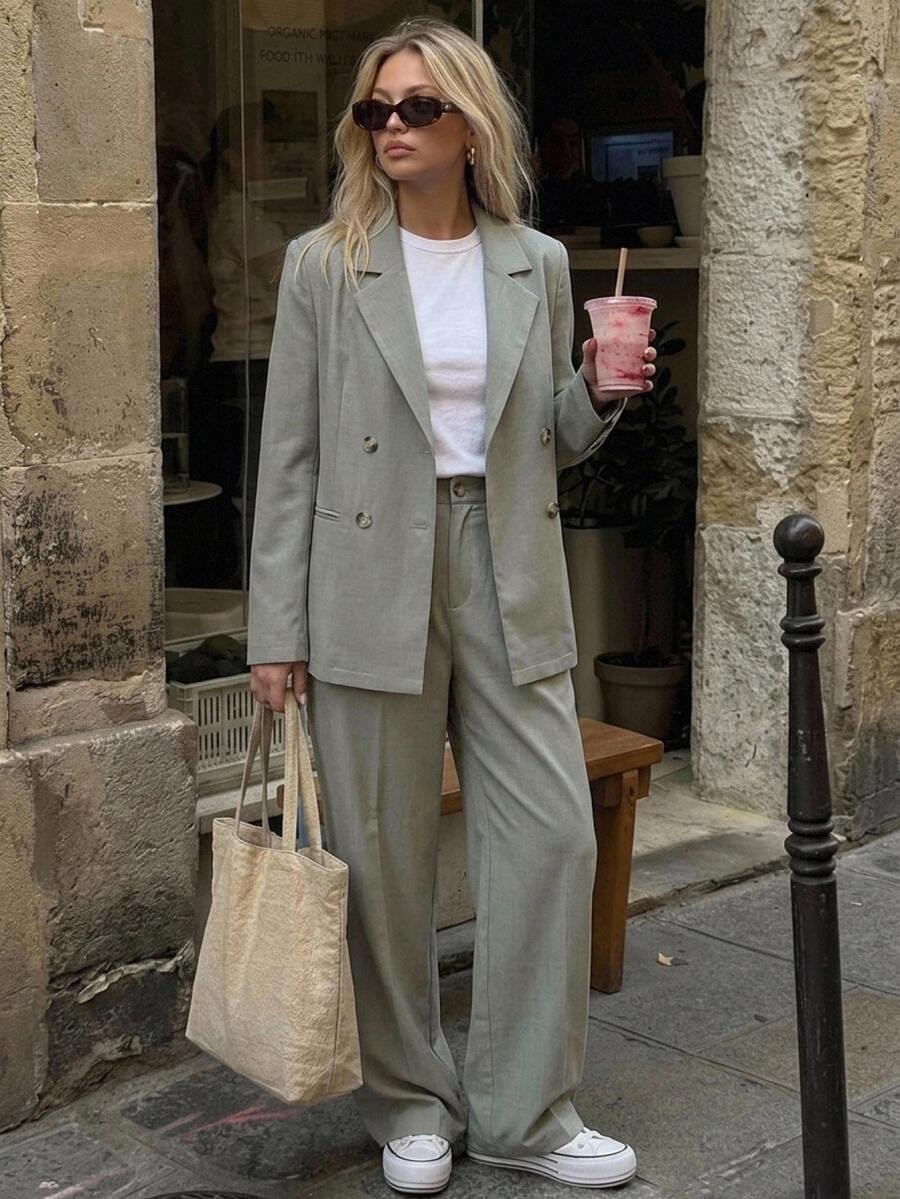 DAZY Solid Color Casual Business Suit Jacket & Pants Set For Women,Fall Clothes Western Outfits For Women - Khaki - View 1