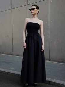 Siren Gaze Vestido casual de verano para mujer con parte superior ajustada y Bottom ancha, tejido de punto con empalme y bolsillos laterales - Negro - Ver 4