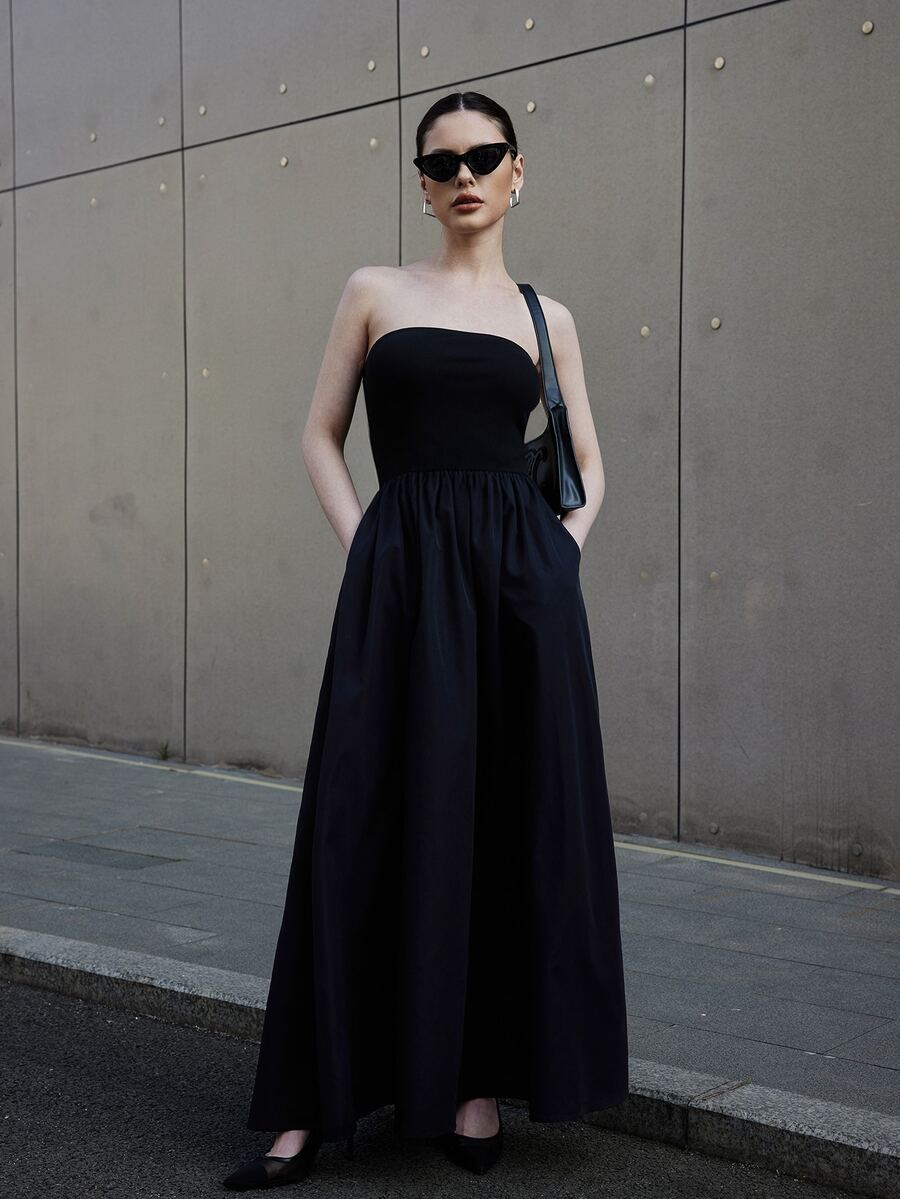 Siren Gaze Vestido casual de verano para mujer con parte superior ajustada y Bottom ancha, tejido de punto con empalme y bolsillos laterales - Negro - Ver 1