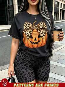 Rovax Women's Plus-Size 2 Pieces Set, Short-Sleeved Tops And Shorts.Leopard And Pumpkin Pattern. Suitable For Halloween, Casual,Gift For Friends - Multicolor - View 1