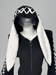 Sunspun Women's Knitted Elastic Fitted Contrast Color Cross Strap Decor Rabbit Ear Long Sleeve Bodysuit, Anime Top, Cute, Rabbit Ears, Spring, Autumn, Winter - Black and White - View 3
