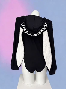 Sunspun Women's Knitted Elastic Fitted Contrast Color Cross Strap Decor Rabbit Ear Long Sleeve Bodysuit, Anime Top, Cute, Rabbit Ears, Spring, Autumn, Winter - Black and White - View 2