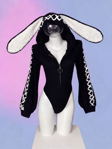 Sunspun Women's Knitted Elastic Fitted Contrast Color Cross Strap Decor Rabbit Ear Long Sleeve Bodysuit, Anime Top, Cute, Rabbit Ears, Spring, Autumn, Winter - Black and White - View 6