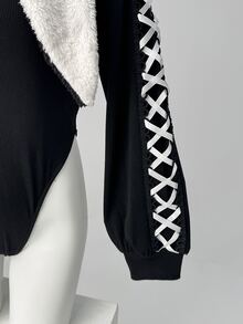 Sunspun Women's Knitted Elastic Fitted Contrast Color Cross Strap Decor Rabbit Ear Long Sleeve Bodysuit, Anime Top, Cute, Rabbit Ears, Spring, Autumn, Winter - Black and White - View 5