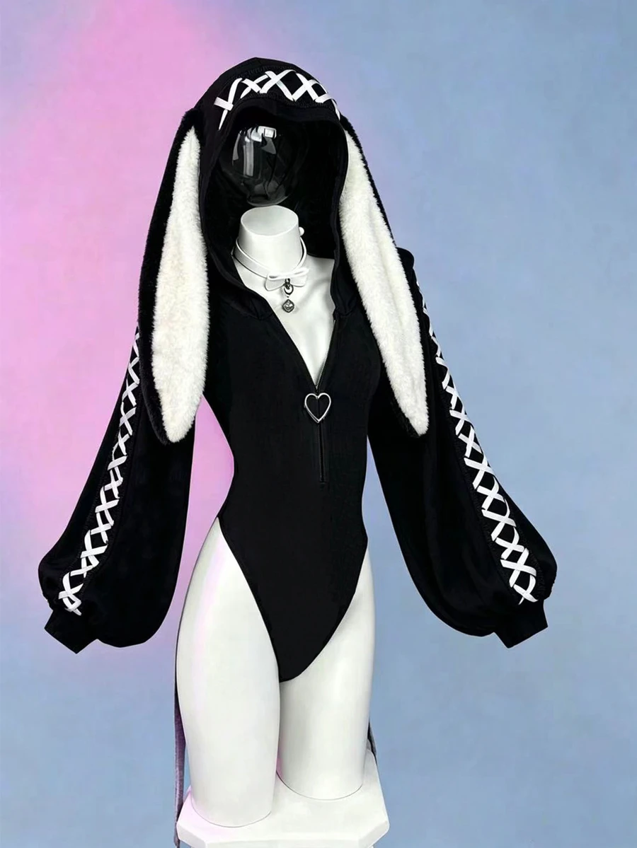 Sunspun Women's Knitted Elastic Fitted Contrast Color Cross Strap Decor Rabbit Ear Long Sleeve Bodysuit, Anime Top, Cute, Rabbit Ears, Spring, Autumn, Winter - Black and White - View 1