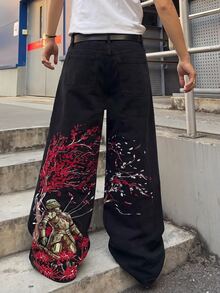 ROMWE MEN 男士時尚百搭花卉印花鈕扣口袋牛仔褲 - 黑色 - 查看 2