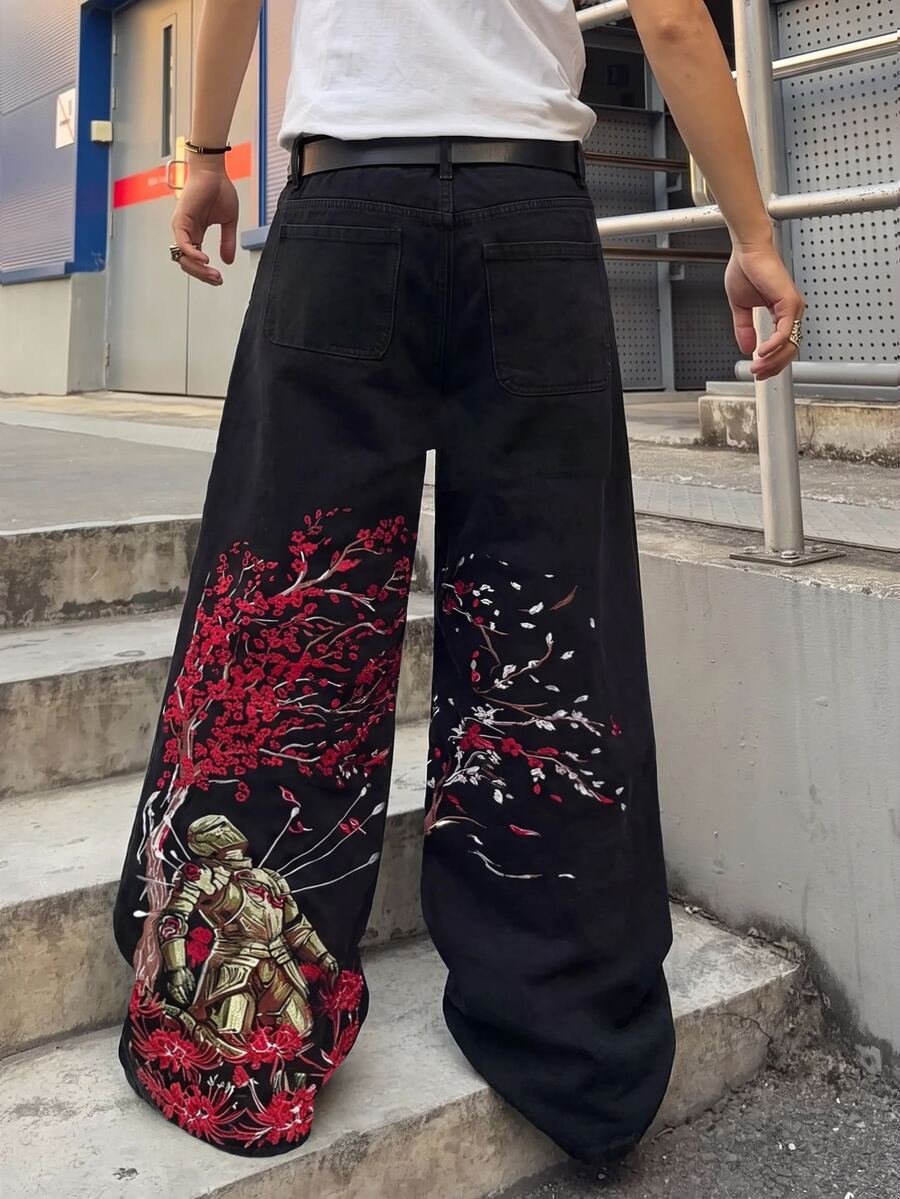 ROMWE MEN Men's Fashion Versatile Floral Print Button Pocket Denim Jeans - Black - View 1