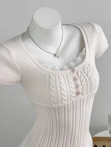 Elamini 女款甜美優雅可愛麻花編織短袖鈕扣蕾絲飾邊修身A字針織上衣 約會之夜 淡粉色 夏季 - 淺粉色 - 查看 1