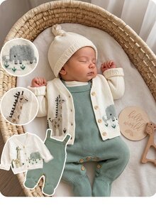 SHEIN Newborn Baby Girl ,Deer Pattern Knitted Cardigan, Overalls, Sweater Jumpsuit Set, Autumn/Winter Neutral - White - View 6