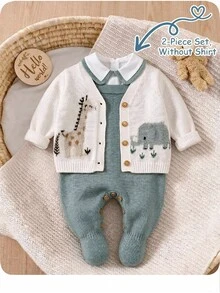 SHEIN Newborn Baby Girl ,Deer Pattern Knitted Cardigan, Overalls, Sweater Jumpsuit Set, Autumn/Winter Neutral - White - View 4