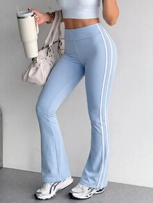 Dewbera Dewbera Blue High Waist Flared Leg Sports Pants Side White Stripe Elastic Slim Fit Flattering Drape Y2K Millennium Style Athletic Gym Running Summer - Blue - View 1