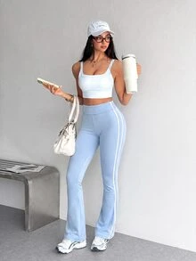 Dewbera Dewbera Blue High Waist Flared Leg Sports Pants Side White Stripe Elastic Slim Fit Flattering Drape Y2K Millennium Style Athletic Gym Running Summer - Blue - View 3