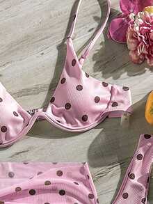 SHEIN Swim طقم بيكيني وردي وبني بطبعة نقاط تحت السلك لحفلات الشاطئ الصيفية مثير استوائي - وردي - مشاهدة 6