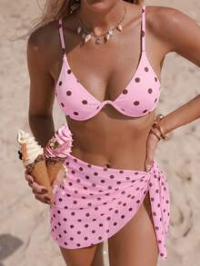SHEIN Swim طقم بيكيني وردي وبني بطبعة نقاط تحت السلك لحفلات الشاطئ الصيفية مثير استوائي - وردي - مشاهدة 2