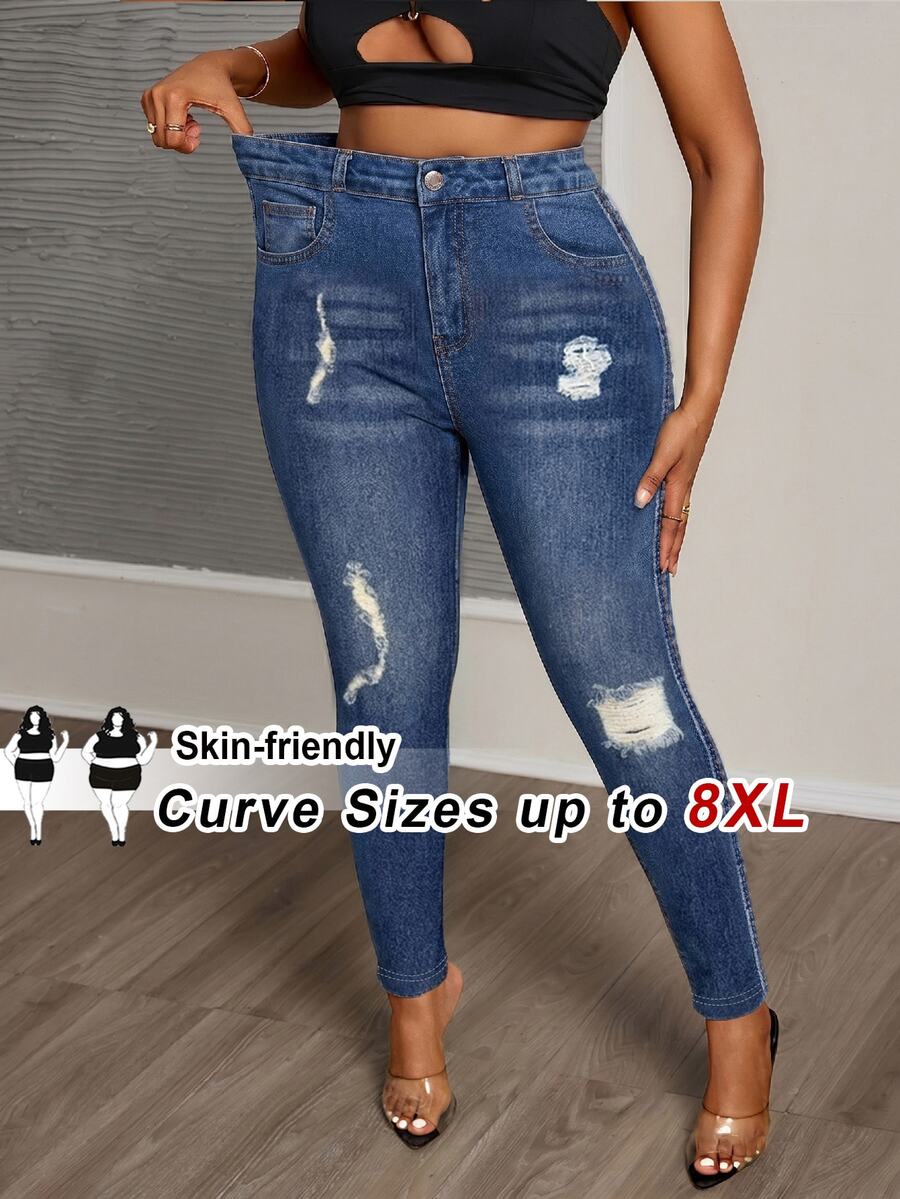SHEIN CURVE+ Plus Size Casual Pocket Button Distressed Design Slim Fit Pants Daily Wear, Fall Winter 2026 22W