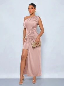 SOLERSUN Gaun wanita elegan model off-shoulder dengan belahan, gesper logam, dan lipatan ini sangat cocok untuk pesta malam, perayaan ulang tahun, pesta pantai, kerja sehari-hari, bepergian, dan berbelanja. - Dusty Pink - View 7