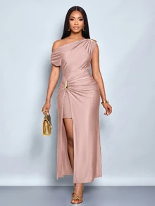 SOLERSUN Gaun wanita elegan model off-shoulder dengan belahan, gesper logam, dan lipatan ini sangat cocok untuk pesta malam, perayaan ulang tahun, pesta pantai, kerja sehari-hari, bepergian, dan berbelanja. - Dusty Pink - View 8