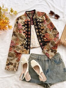 Soleia Autumn/Winter Vintage Elegant Casual Embroidered Fabric Frog Button Decor Cardigan Jacket High Tea Night Party Beige - Multicolor - View 6