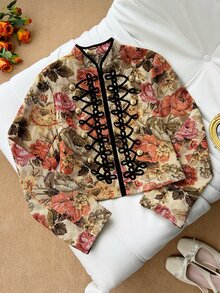 Soleia Autumn/Winter Vintage Elegant Casual Embroidered Fabric Frog Button Decor Cardigan Jacket High Tea Night Party Beige - Multicolor - View 3