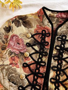 Soleia Autumn/Winter Vintage Elegant Casual Embroidered Fabric Frog Button Decor Cardigan Jacket High Tea Night Party Beige - Multicolor - View 5