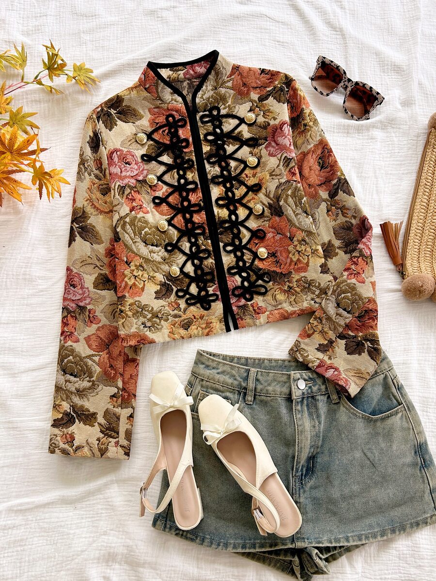 Soleia Autumn/Winter Vintage Elegant Casual Embroidered Fabric Frog Button Decor Cardigan Jacket High Tea Night Party Beige - Multicolor - View 1