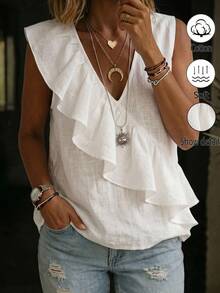 EMERY ROSE Women's White V-Neck Sleeveless Tank Top, Ruffle Hem Design, Casual Daily Versatile, Outdoor Travel Ladies Blouse Top - White - View 4