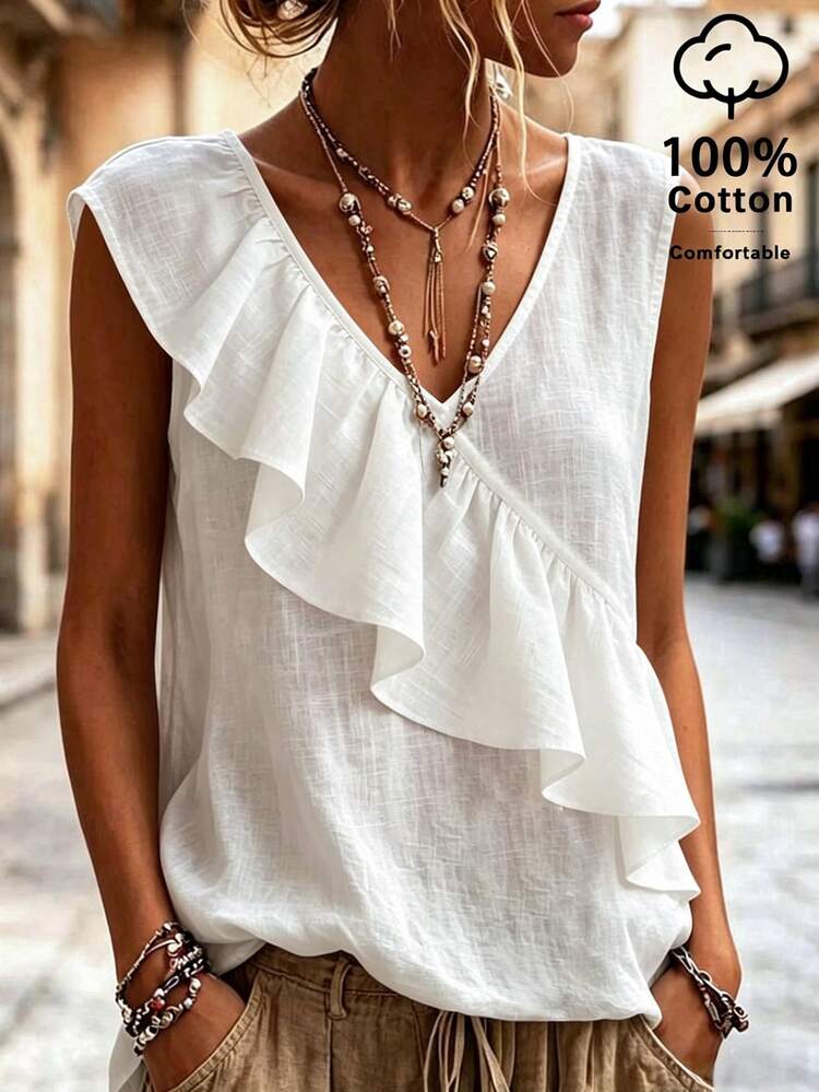 EMERY ROSE Women's White V-Neck Sleeveless Tank Top, Ruffle Hem Design, Casual Daily Versatile, Outdoor Travel Ladies Blouse Top - White - View 5
