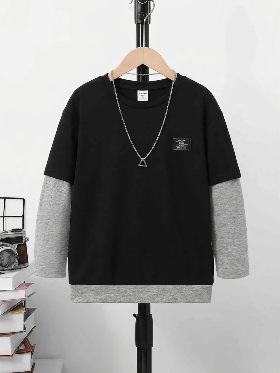 SHEIN Kids Tween Boy Patch 2 In 1 Patchwork Casual Daily Outfit T-Shirt - Black - View 1