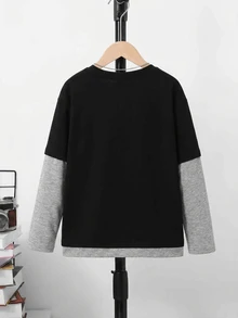 SHEIN Kids Tween Boy Patch 2 In 1 Patchwork Casual Daily Outfit T-Shirt - Black - View 2
