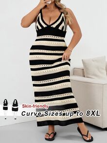 SHEIN CURVE+ 大尺碼條紋優雅收腰針織洋裝，黑白配色，2026秋冬 22W - 黑與白 - 查看 3
