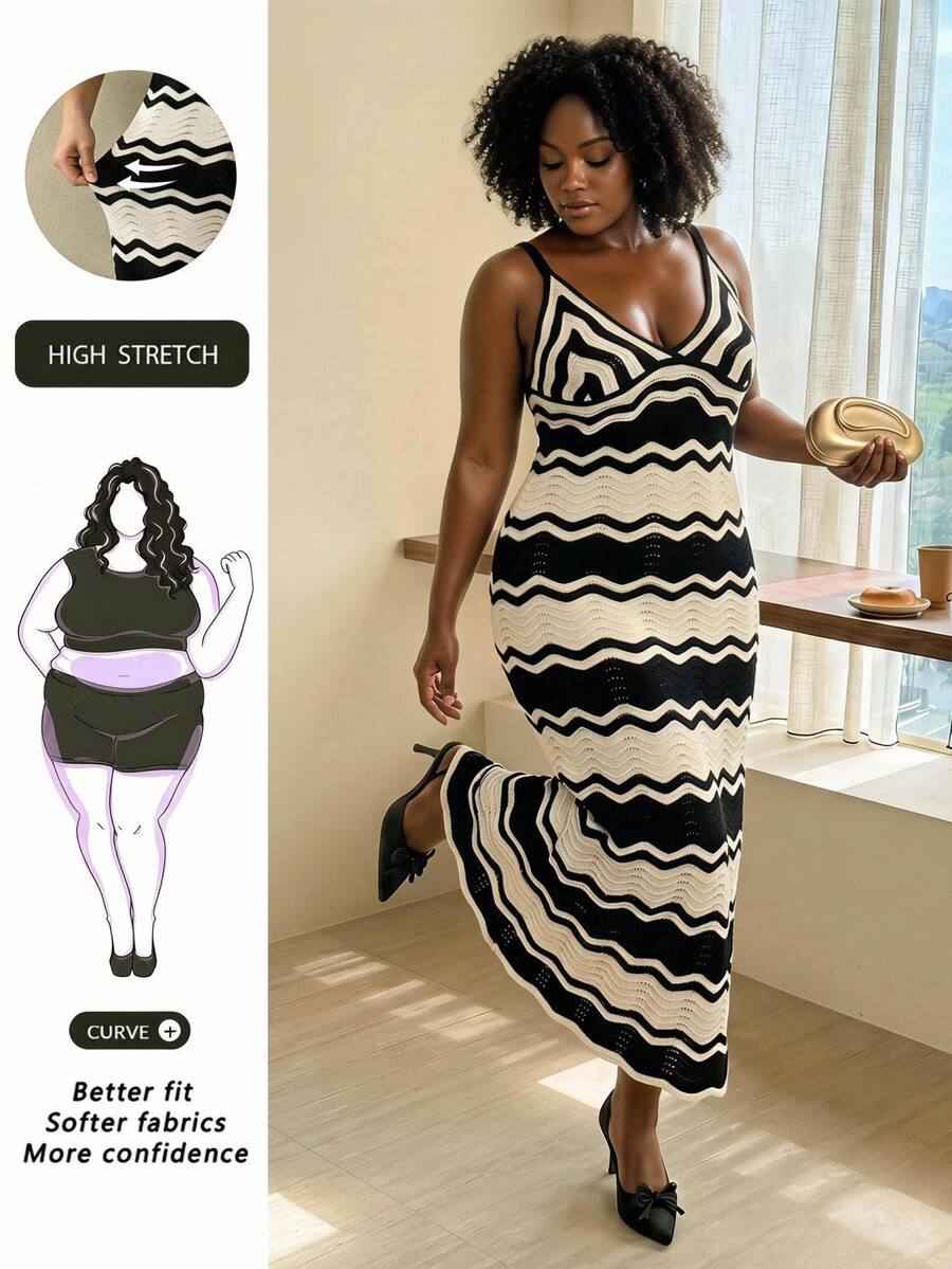 SHEIN CURVE+ 大尺碼條紋優雅收腰針織洋裝,黑白配色,2026秋冬 22W - 黑與白 - 查看 1