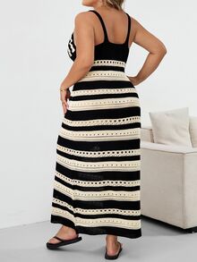 SHEIN CURVE+ 大尺碼條紋優雅收腰針織洋裝，黑白配色，2026秋冬 22W - 黑與白 - 查看 2