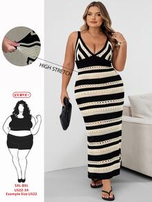SHEIN CURVE+ 大尺碼條紋優雅收腰針織洋裝，黑白配色，2026秋冬 22W - 黑與白 - 查看 4