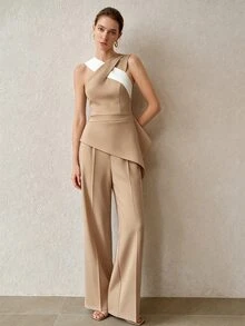 MOTF PREMIUM ELEGANT SOPHISTICATED CONTRAST COLOR ASYMMETRICAL ONE-SHOULDER CRISS-CROSS STRAP SLEEVELESS TOP & WIDE-LEG LONG PANTS TWO PIECES SET FOR WOMEN - Khaki - View 6