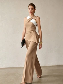 MOTF PREMIUM ELEGANT SOPHISTICATED CONTRAST COLOR ASYMMETRICAL ONE-SHOULDER CRISS-CROSS STRAP SLEEVELESS TOP & WIDE-LEG LONG PANTS TWO PIECES SET FOR WOMEN - Khaki - View 1