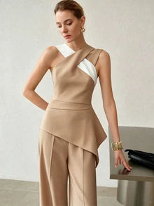 MOTF PREMIUM ELEGANT SOPHISTICATED CONTRAST COLOR ASYMMETRICAL ONE-SHOULDER CRISS-CROSS STRAP SLEEVELESS TOP & WIDE-LEG LONG PANTS TWO PIECES SET FOR WOMEN - Khaki - View 5